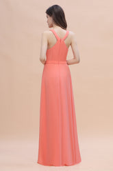 Simple Jewel Sleeveless Coral Chiffon Bridesmaid Dress Online-27dress